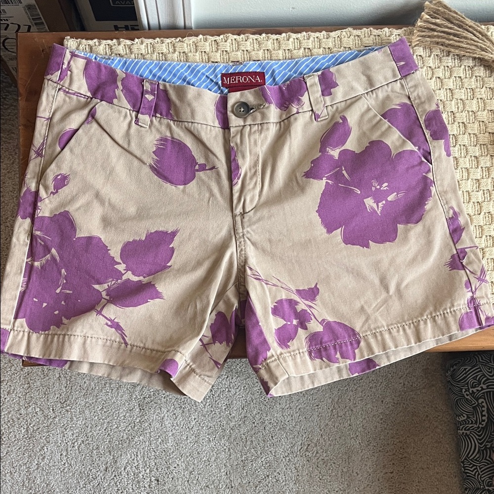 Merona Beige Shorts with Purple Floral Design